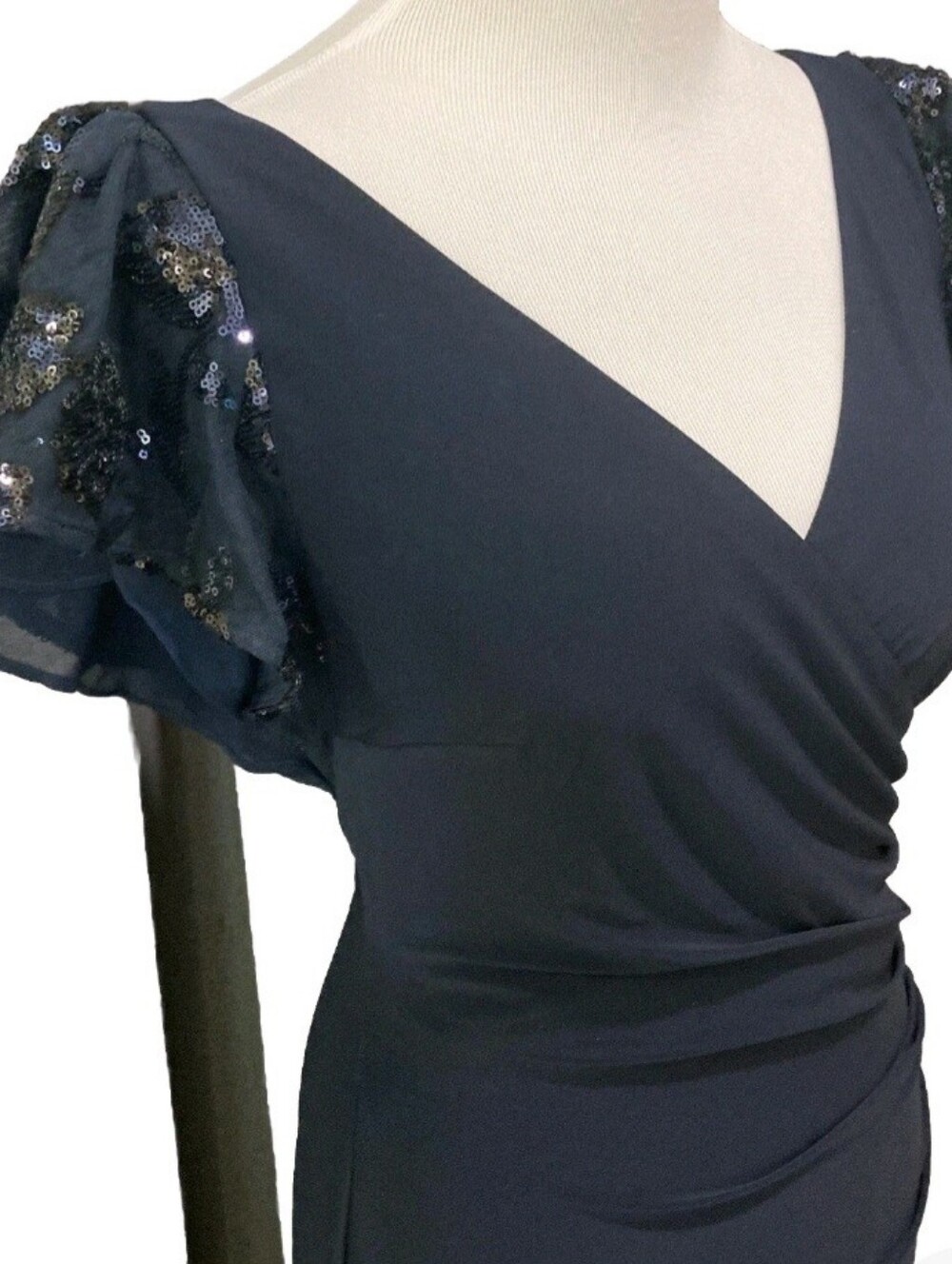 Ralph Lauren Navy Blue Floor Length Cocktail Dress with Sequin Sleeves